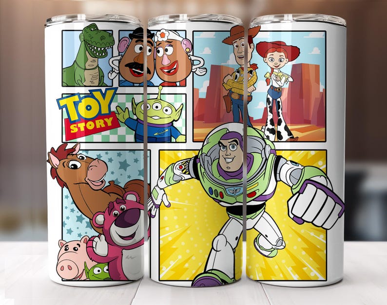 May include: A white tumbler featuring a collage of characters from the animated film "Toy Story." The design includes images of Buzz Lightyear, Woody, Jessie, and other characters. The "Toy Story" logo is also visible.