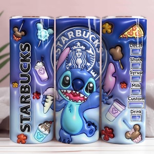 May include: A blue Starbucks tumbler featuring the character Stitch from Lilo & Stitch. The tumbler has a wraparound design with Stitch, Starbucks logo, and coffee-themed graphics. The tumbler also has a drink customization menu.