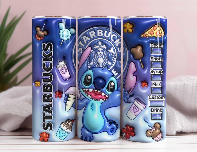 May include: A blue Starbucks tumbler featuring the character Stitch from Lilo & Stitch. The tumbler has a wraparound design with Stitch, Starbucks logo, and coffee-themed graphics. The tumbler also has a drink customization menu.