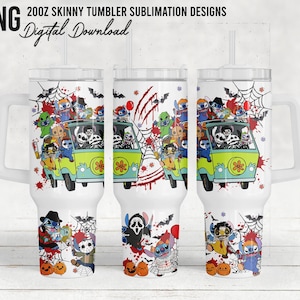 May include: White 20oz skinny tumbler with a Halloween-themed design. The design features a green van with cartoon characters, pumpkins, bats, and spiderwebs. The tumbler has a handle and a straw. Text on the top reads "20oz Skinny Tumbler Sublimation Designs" and "Digital Download".