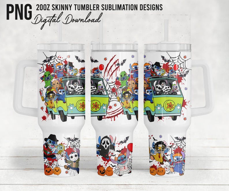 May include: White 20oz skinny tumbler with a Halloween-themed design. The design features a green van with cartoon characters, pumpkins, bats, and spiderwebs. The tumbler has a handle and a straw. Text on the top reads "20oz Skinny Tumbler Sublimation Designs" and "Digital Download".