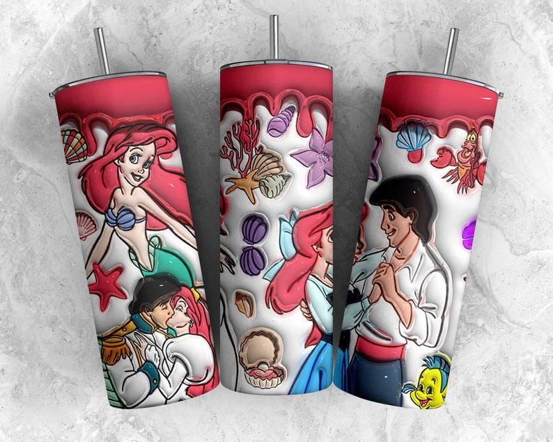 May include: Three stainless steel tumblers with a red top and a white body featuring illustrations of Ariel and Prince Eric from The Little Mermaid. The tumblers are decorated with sea-themed elements.