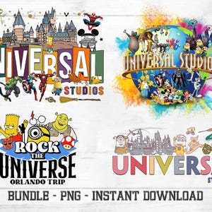 May include: A collection of four colorful Universal Studios-themed designs. The designs feature characters from various movies and attractions, including superheroes, Minions, and Bart Simpson. Text includes "Universal Studios" and "Rock the Universe Orlando Trip."
