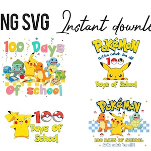 Op de afbeelding: Een digitaal ontwerp met de tekst "PNG SVG Direct downloaden" boven vier kleurrijke afbeeldingen. De afbeeldingen bevatten de tekst "100 Dagen van School" en verschillende Pokémon-personages, met het Pokémon-logo.