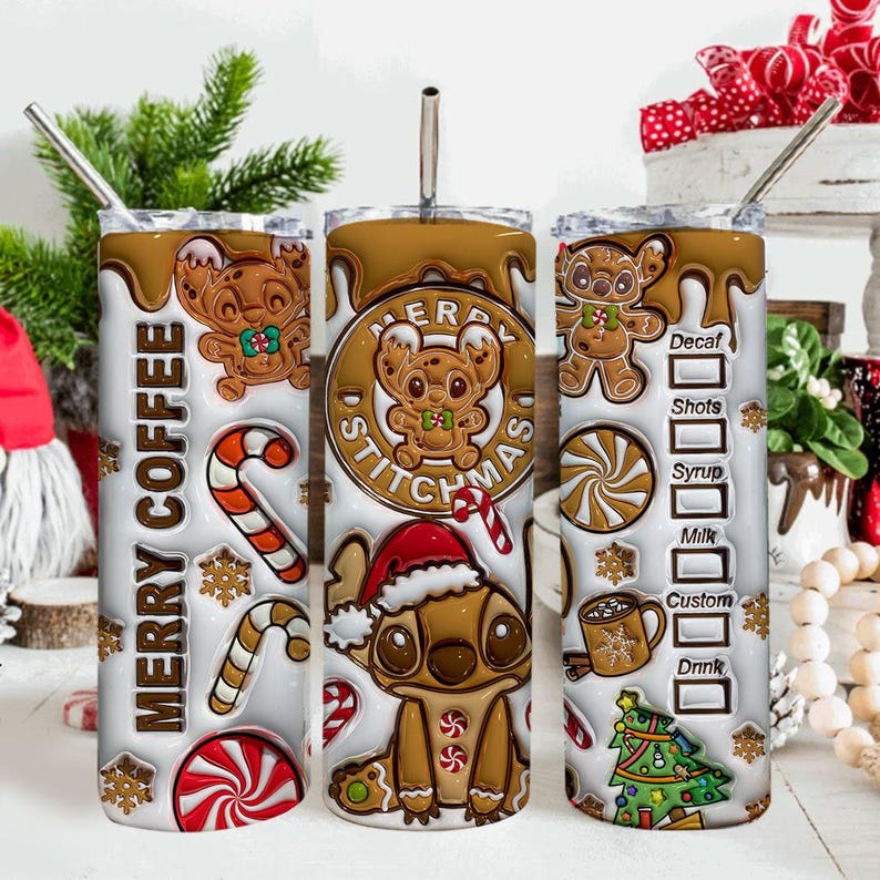 May include: Three stainless steel tumblers with a Christmas theme. Each tumbler features a brown and white design with Stitch characters, candy canes, snowflakes, and the text "Merry Coffee" and "Merry Stitchmas". One tumbler has a drink customization chart.