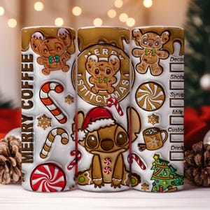 May include: A white tumbler with a festive design featuring the character Stitch in gingerbread form. The tumbler is decorated with candy canes, snowflakes, and the words "MERRY COFFEE" and "MERRY STITCHMAS".