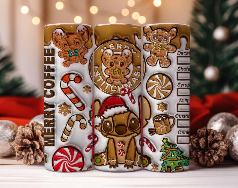 May include: A white tumbler with a festive design featuring the character Stitch in gingerbread form. The tumbler is decorated with candy canes, snowflakes, and the words "MERRY COFFEE" and "MERRY STITCHMAS".
