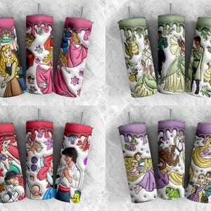 May include: A collection of four sets of insulated tumblers featuring cartoon illustrations of princesses. Each tumbler has a different color scheme, with images of characters like Ariel, Aurora, and Belle. The tumblers have a white background with a decorative top.