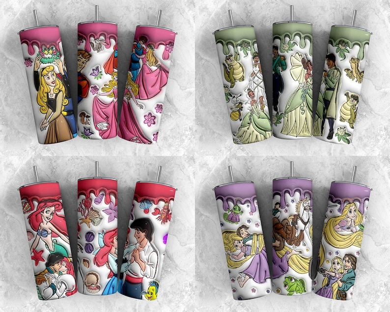 May include: A collection of four sets of insulated tumblers featuring cartoon illustrations of princesses. Each tumbler has a different color scheme, with images of characters like Ariel, Aurora, and Belle. The tumblers have a white background with a decorative top.