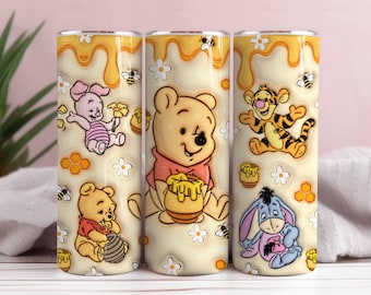 Inflated 3D Cartoon Bear 20oz Skinny Tumbler PNG, Inflated 20oz Sunflowers Skinny Sublimation, 3D Puffy Pooh Bear Tumbler, Cartoon Tumbler
