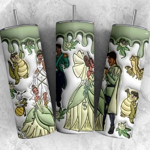May include: Three white tumblers with a green, dripped-paint design at the top. Each tumbler features characters from a fairy tale, including a princess, a prince, and various animal sidekicks. The tumblers have silver straws.