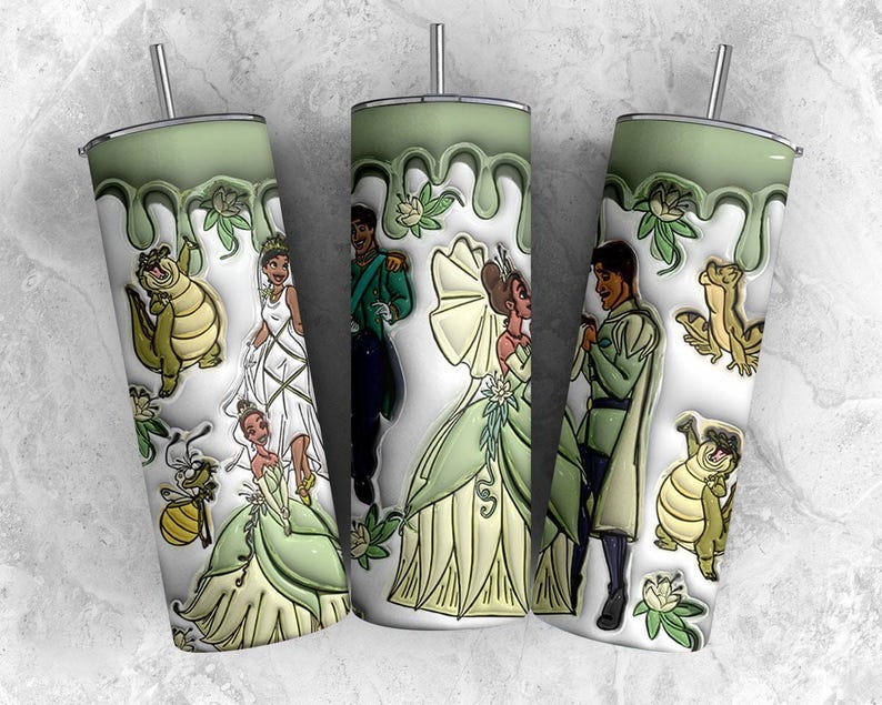 May include: Three white tumblers with a green, dripped-paint design at the top. Each tumbler features characters from a fairy tale, including a princess, a prince, and various animal sidekicks. The tumblers have silver straws.