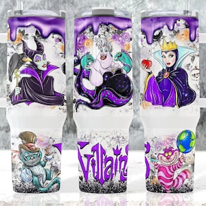 May include: Three white insulated tumblers with handles, each featuring a different Disney villain: Maleficent, Ursula, and the Evil Queen. The tumblers have a purple dripping paint design at the top and the word "Villains" in purple.