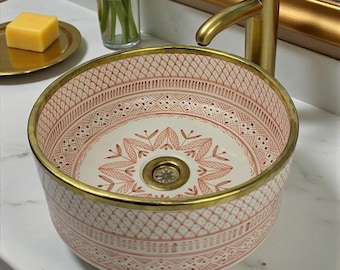 Handmade Terracotta Vessel Sink – Gold Plated Rim, Moroccan Geometric Design