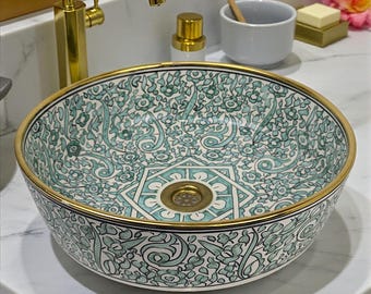 Handmade Moroccan Ceramic Vessel Sink – Green Floral, Gold-Plated Edge