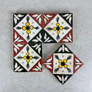 Hand-Painted Moroccan Geometric Tiles 10x10 cm – Red and Black Zellige Pattern Ceramic Decor
