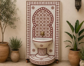 Pink Moroccan Pedestal Fountain | Handmade Zellige Mosaic Wall Fountain | Blush Pink Water Feature
