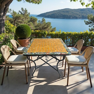 May include: A rectangular outdoor dining table with a mosaic tile top, supported by a black metal frame. Four wicker chairs with cream cushions surround the table. The setting is a patio with a view of the sea and green hills.