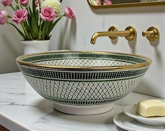 Handmade Moroccan Vessel Sink – Green Geometric Basin with Gold Rim