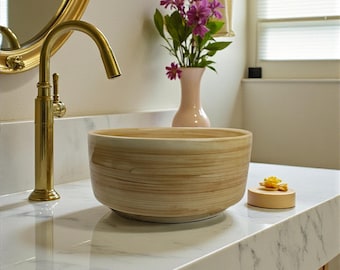 Handmade Moroccan Ceramic Vessel Sink – Terracotta Swirl, Natural Beige Basin
