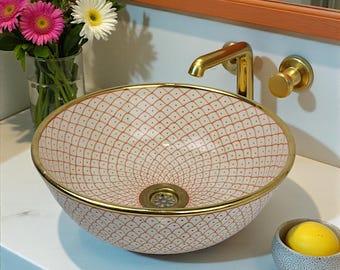Handmade Moroccan Ceramic Sink – Gold-Plated Terracotta Geometric Basin