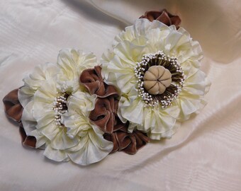 Cocoa Cream Ribbon Flower Applique Ribbonwork