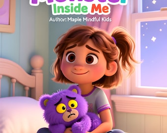 May include: A children's book cover titled "The Worry Monster Inside Me" featuring a cartoon girl holding a purple plush monster. The title is in orange and purple with a rainbow above. The author is Maple Mindful Kids.