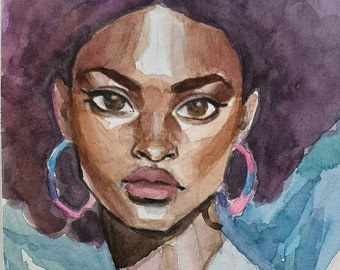 Her Way #5 - Original Watercolor Painting - Black Woman with Afro - 5x7 inch Portraiture Home Décor Wall Art