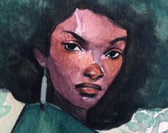 Teal Feels #1 - Original Watercolor Painting - Black Woman with Afro - 5x7 inch contemporary figurative portrait