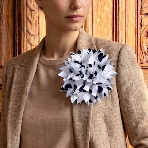 Large Black White Polka Dot Fabric Flower Brooch | Satin Flexible Dahlia Pin | Statement Lapel Pin for Women Men