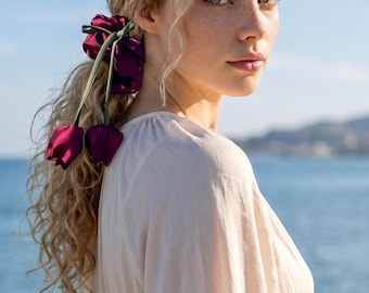 Zijden tulp haarscrunchie, esthetisch bloemenhaaraccessoire, 3D satijnen tulp paardenstaarthouder, botanische haarelastiekje voor lentebruiloft