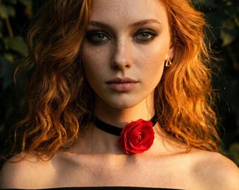 Rode roos fluwelen chokerketting, stoffen bloemenkraag, coquette sieraden voor vrouwen, balletcore bloemenchoker, handgemaakte cadeaus voor haar