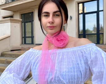 Felroze bloemenchoker, zure olijfgroene tule sjaal, neon esthetische stropdas, heldere Y2K-sjaal, statement party wrap