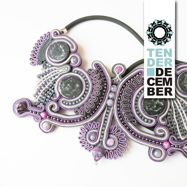 OOAK purple and gray soutache necklace, original beaded pendant, purple soutache necklace, abstract jewelry, one of a kind, unique artwork,