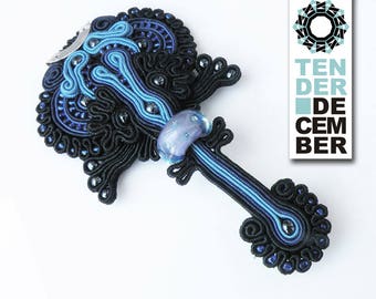 OOAK silver and soutache navy blue pendant, murano glass, soutache long pendant, blue and silver pendant, unique artwork, one of a kind,