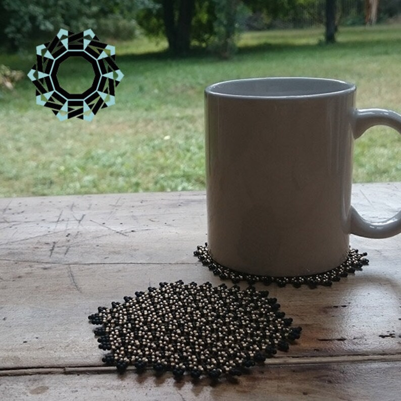 Drink Coaster, Beaded Glass Mat, Hexagonal Black and Gold Coaster, Table Decoration, Handmade