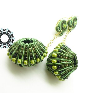 OOAK green and gold sphere soutache earrings, 3D soutache, long green earrings, textile jewelry, unique artwork, ooak earrings, ooak jewelry image 2