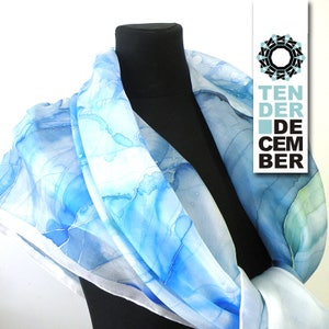 OOAK handpainted silk square scarf woman, original blue and turquoise handmade scarf, silk painting, unique artwork, one of a kind fashion,