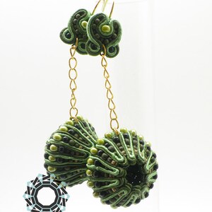 OOAK green and gold sphere soutache earrings, 3D soutache, long green earrings, textile jewelry, unique artwork, ooak earrings, ooak jewelry image 4