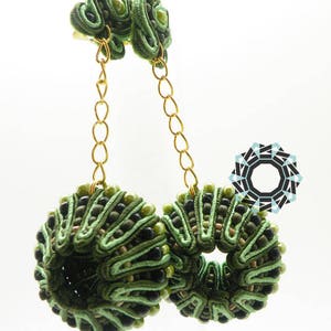 OOAK green and gold sphere soutache earrings, 3D soutache, long green earrings, textile jewelry, unique artwork, ooak earrings, ooak jewelry image 7