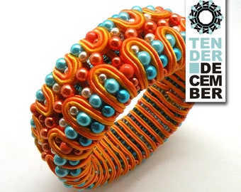 OOAK turquoise and orange soutache bracelet, 3D soutache, wide orange bangle, textile and beaded jewelry, unique artwork, one of a kind,