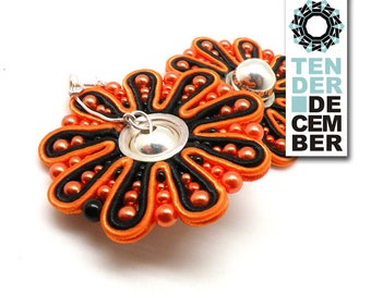 Soutache Ohrringe mit Silber, schwarz orange soutache runde Ohrringe, original bewegliche Textilohrringe