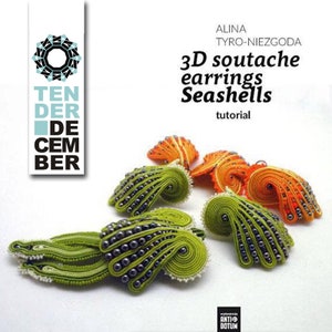 May include: A tutorial for making 3D soutache earrings shaped like seashells. The earrings are made with green, orange, and white thread and black beads. The tutorial is by Alina Tyro-Niezgoda.