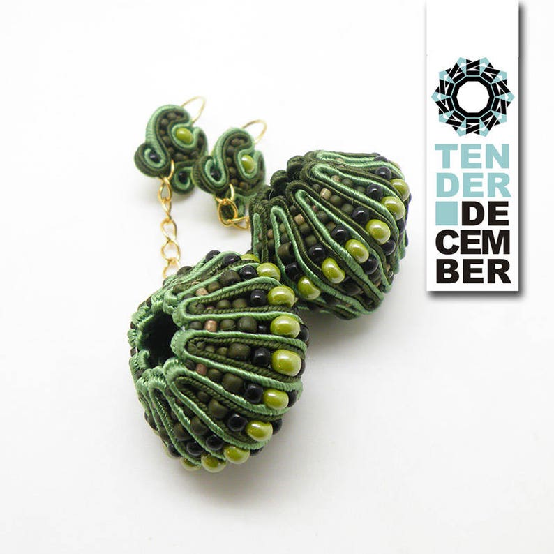 OOAK green and gold sphere soutache earrings, 3D soutache, long green earrings, textile jewelry, unique artwork, ooak earrings, ooak jewelry image 1
