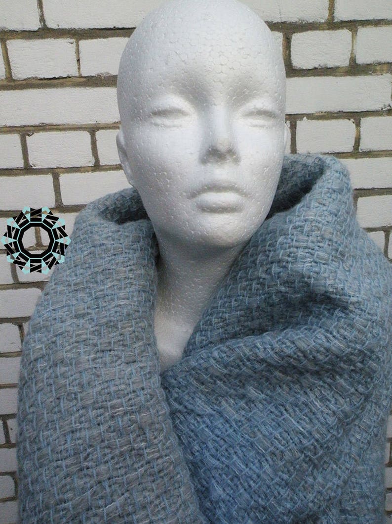 Mohair Blanket Shawl, Gray Blue Scarf, Handmade Weaving, Weaving Shawl