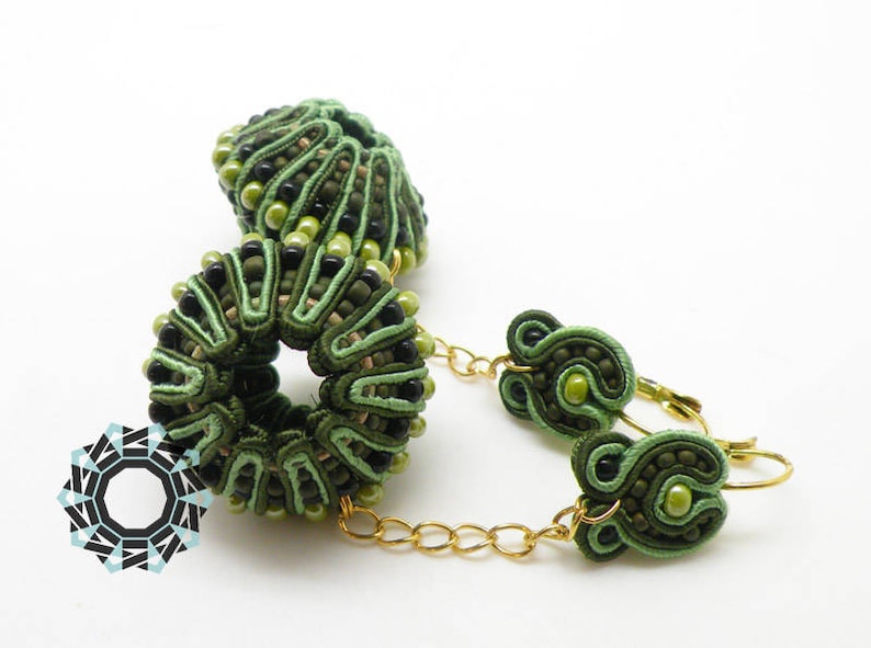 OOAK green and gold sphere soutache earrings, 3D soutache, long green earrings, textile jewelry, unique artwork, ooak earrings, ooak jewelry image 9