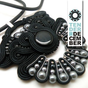 OOAK black and gray soutache pendant, soutache earrings, black and gray, black set soutache, black pendant, black earrings, unique artwork,