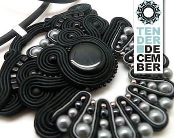 OOAK black and gray soutache pendant, soutache earrings, black and gray, black set soutache, black pendant, black earrings, unique artwork,