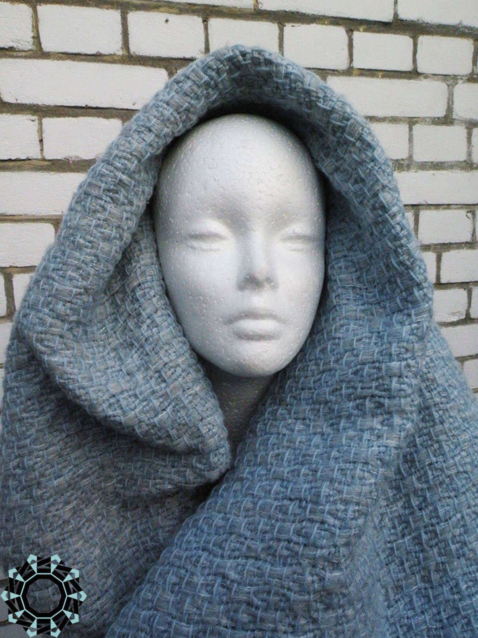 Mohair Blanket Shawl, Gray Blue Scarf, Handmade Weaving, Weaving Shawl