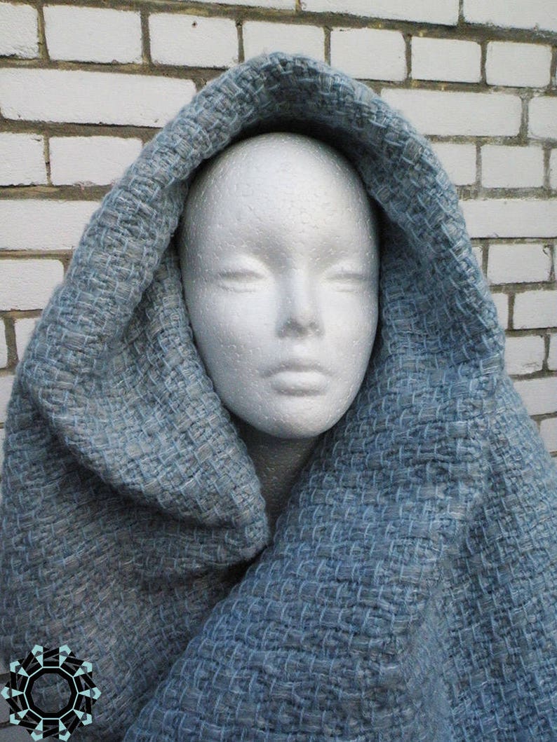 Mohair Blanket Shawl, Gray Blue Scarf, Handmade Weaving, Weaving Shawl